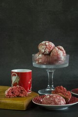 red and white donuts with ice on black background, Homemade Red Velvet Sesame Cookies