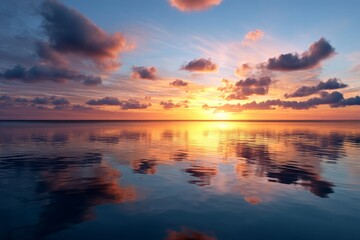 Serene Sunset Reflection - A breathtaking sunset over calm waters, with vibrant colors reflected on the surface. Peaceful and tranquil scene