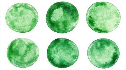 Six abstract green watercolor circles on white background.