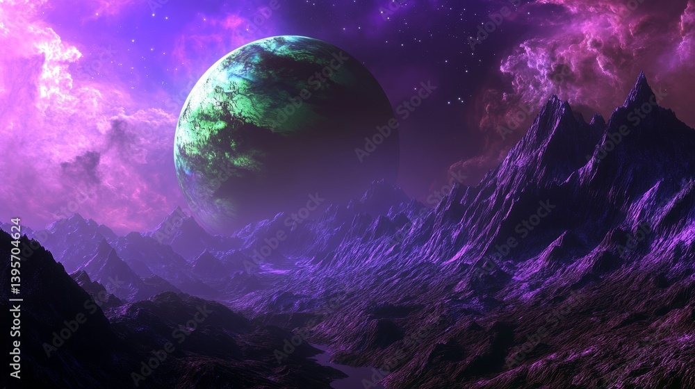 Poster cosmic planets and celestial elements set against a vibrant abstract space background