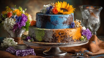 A striking wedding cake features bold abstract colors, wildflowers, and a unique checkered design across its tiers