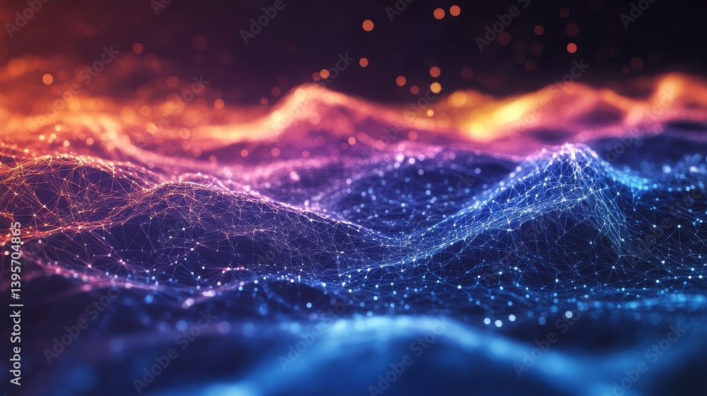 Poster a low-poly, dark background featuring an abstract polygonal space with interconnected dots and lines
