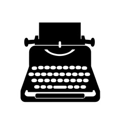 Minimalist black silhouette of a classic typewriter with visible keys and paper feed