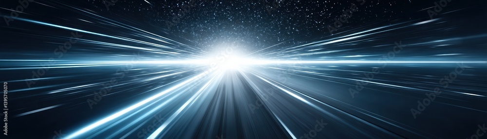 Poster a dynamic burst of light and speed, resembling a fast journey through space, with streaks of light e