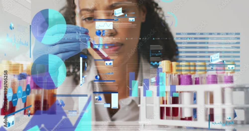 Poster analyzing test tubes, scientist processing data with animation overlay in laboratory