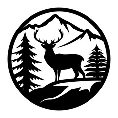 Majestic Deer in Mountain Landscape Silhouette Art Print Graphic Design