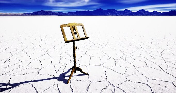 A solitary music stand stands on a vast, cracked salt flat, surrounded by distant mountains. The bright blue sky enhances the stark beauty of this unique landscape.