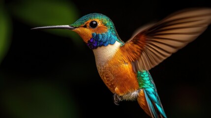 Fototapeta premium Hummingbird in flight, rainforest background, nature photography, wildlife