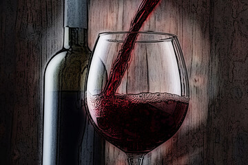 A glass of red wine is being poured, revealing its rich crimson hue. The smooth, glossy surface of the wine contrasts starkly with the wooden backdrop. 