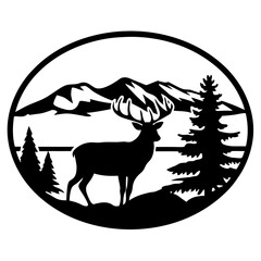 Majestic Deer in Mountain Landscape Scenic Wildlife Art Black and White Oval Design