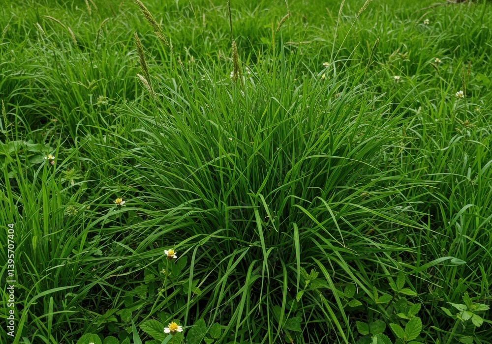 Poster a close up view of a clump of green grass in a field with other grass and small plants surrounding i
