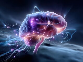 Obraz premium Conceptual Art of an Isolated Brain on a Dark Color Background with Electric Neural Connections and Ethereal Light Effects