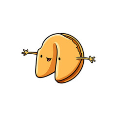 A friendly fortune cookie cartoon with welcoming arms, isolated on a black background, smiles.