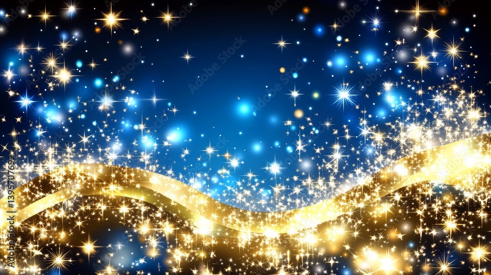 Wall mural a dark blue and gold particle background with a christmas theme features golden light bokeh and shin