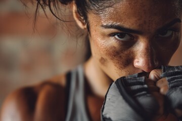 Focused female boxer with intense gaze and gloves in training session