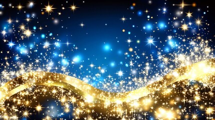 Naklejka premium A dark blue and gold particle background with a Christmas theme features golden light bokeh and shining particles on a navy blue backdrop, complete with a gold foil texture, evoking a festive holiday