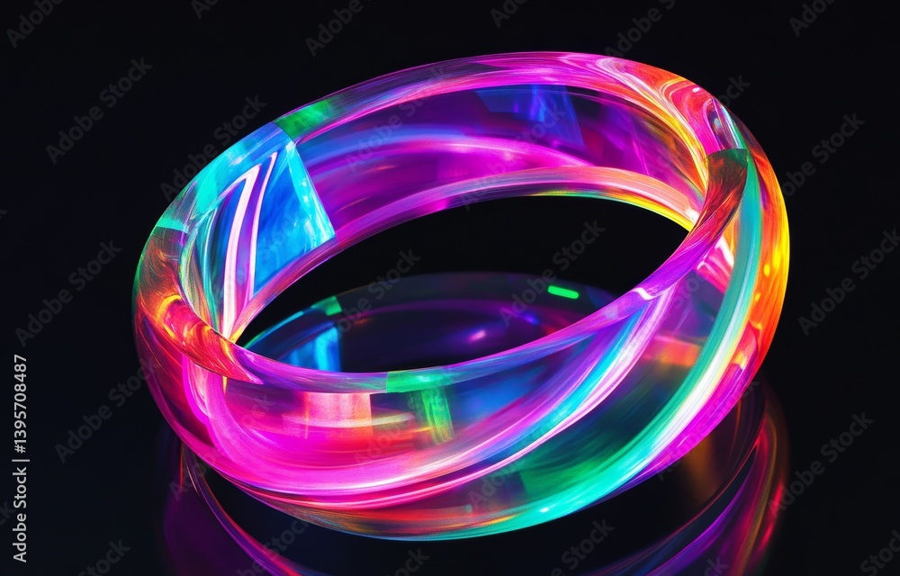 Poster a ring that glows and has an iridescent sheen is positioned on a surface that is both dark and refle