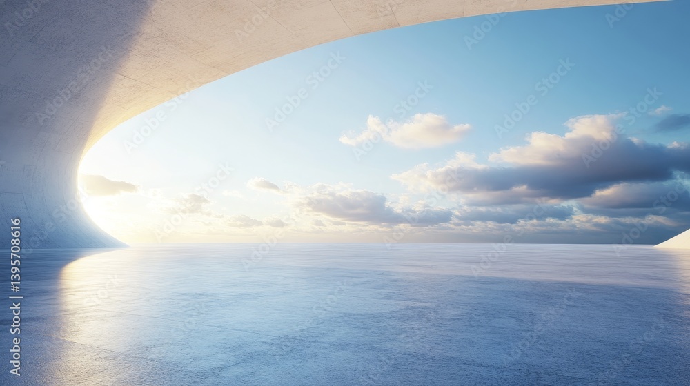 Poster a 3d rendering of modern abstract architecture made of white concrete, featuring an empty cement flo