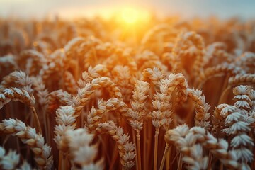Close-up photo of a yellow ears of wheat in a rays of a morning sun on an agricultural field. A close-up of yellow wheat ears, bathed in the soft rays of the morning sun, captures serenity.