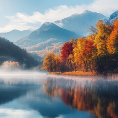 Fototapeta premium Autumnal lake, mountain reflection, misty morning, scenic landscape, travel photography