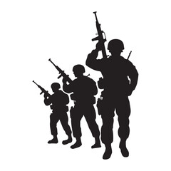 Silhouettes of Armed Soldiers Standing in Formation - Vector Illustration