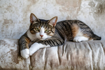 Cat resting on vintage sofa with calm expression high resolution photo