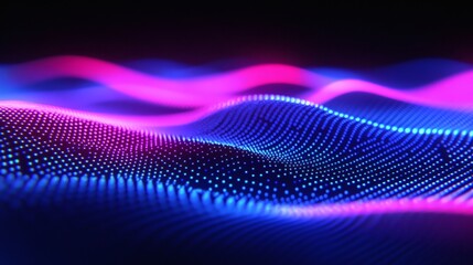 Abstract digital wave of glowing dots in vibrant pink and blue hues.