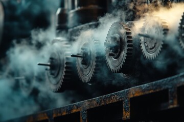 Fototapeta premium Interlocking gears in motion, surrounded by steam, showcasing the industrial power and precision of machinery.