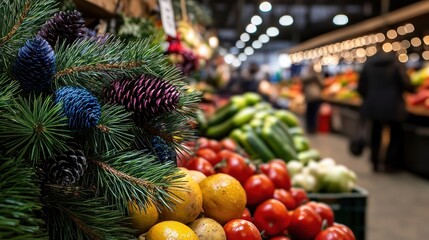 Festive market produce display, winter shoppers