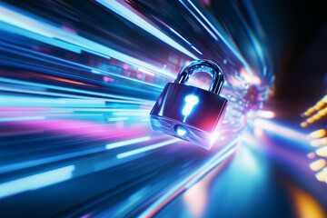 Futuristic glowing padlock symbol speeding through neon data stream, concept for cybersecurity, fast data protection, and digital privacy technology