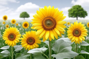 Fototapeta premium A field of sunflowers turning toward the sun under a bright sky
