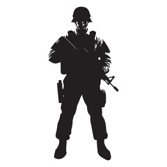 Silhouette of Armed Soldier Standing with Rifle - Vector Illustration