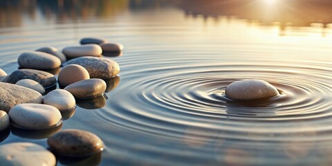 Serene sunset ripples from a smooth stone dropped into calm water, creating concentric circles around a line of tranquil stones