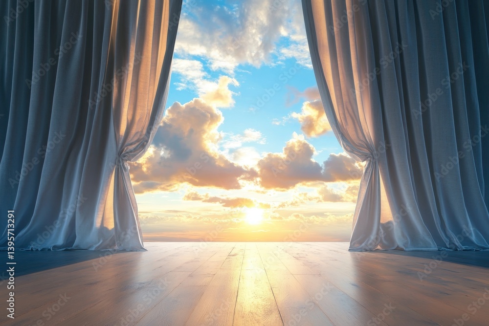 Poster beautiful sunrise viewed through open curtains in a serene setting with clouds