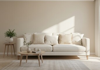 A cream colored couch with pillows in a well lit living room with a table and plant in the background