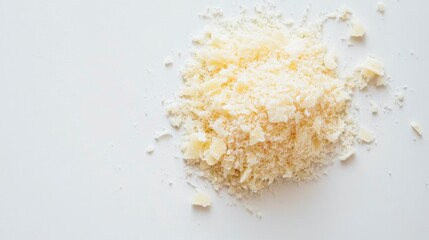 Close-up of a pile of grated white chocolate on a white background.