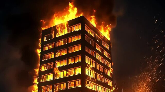 Dramatic nighttime scene of a high-rise building engulfed in flames with sparks flying in the background