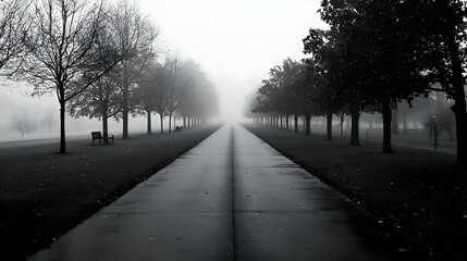 Obraz premium Gray Road Through Foggy Trees