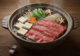 Steaming hot pot of delicious Japanese beef tofu and vegetables a culinary delight in warm earthy tones soft lighting with a blurred background AI Generative