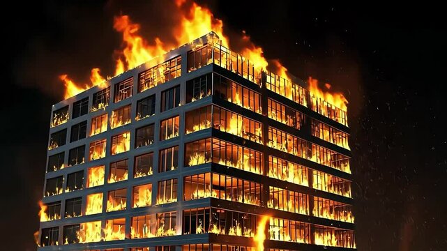 Modern building engulfed in flames at night, showcasing fire and smoke against a dark sky