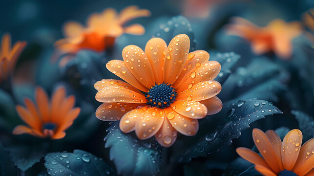 Close up of orange daisy flowers with water droplets on petals and dark blue green leaves around them - Detailed and vibrant close-up shot of the subject showcasing textures and details.