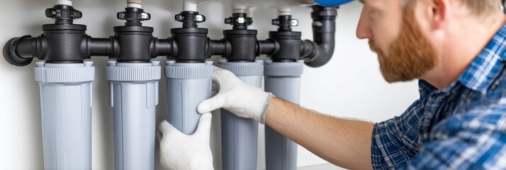 Water Filter System Installation - A technician installs a whole house water filter system, ensuring clean and healthy water