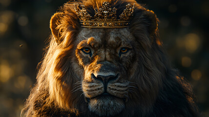 Fototapeta premium Majestic lion wearing a golden crown portrait ultra HD photo