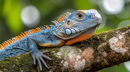 Fototapeta premium Vibrant Blue and Orange Iguana on Branch