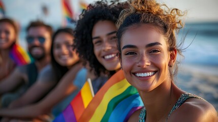 Fototapeta premium Celebrating diversity at a joyful pride parade on the beach. Generative AI