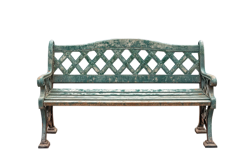 Weathered Green Park Bench Isolated Black Background isolated on transparent background