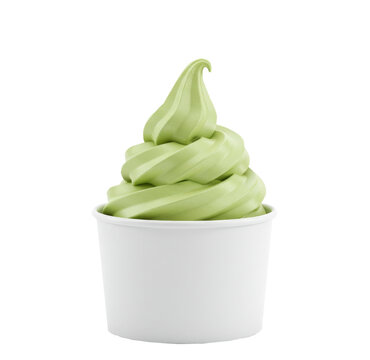 Green soft serve ice cream in white paper cup