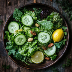 Vibrant Green Salad with Cucumber, Herbs, and Lemon in Wooden Bowl