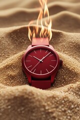 A monochromatic photo of a sleek, red-colored modern watch on a golden sand surface, blending seamlessly with flames and evoking the passage of time.