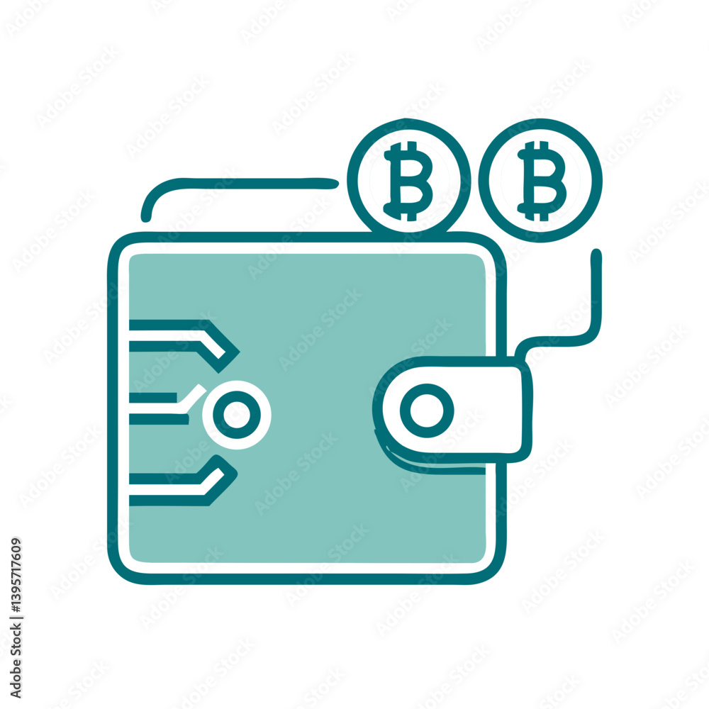 Poster digital crypto wallet with bitcoin icons and flat design style